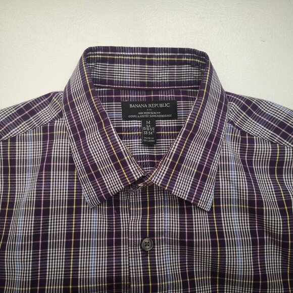 Banana Republic Men's Size Medium No Iron Slim Fit Purple White Blue Plaid Shirt - Picture 4 of 10